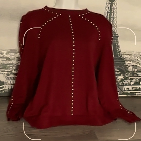 Macy’s Studded Embellished Puff Sleeve long sleeve Sweater  burgundy Sz 1X - Picture 1 of 16